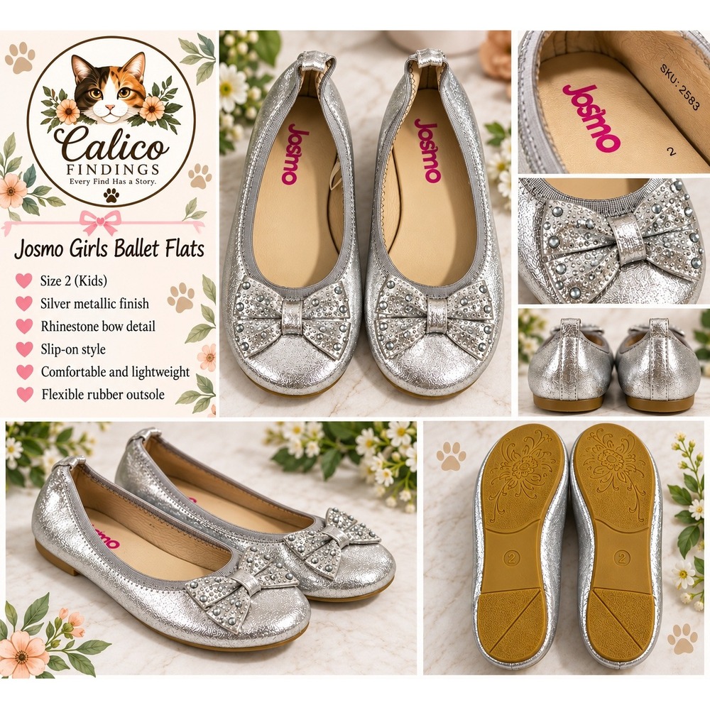 Josmo Girls Silver Metallic Rhinestone Bow Ballet Flats Size 2